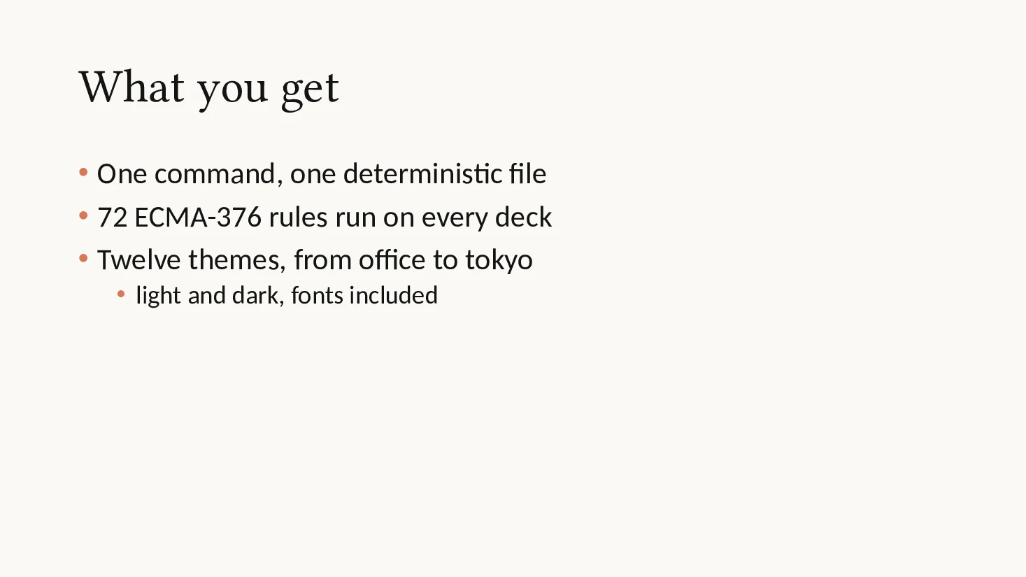 Bullet slide of the Markdown deck with the clay theme
