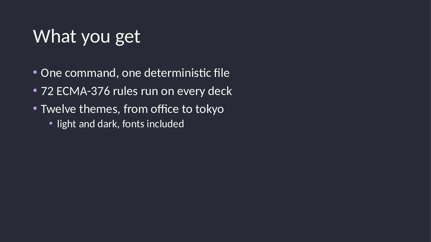 Bullet slide of the Markdown deck with the dracula theme