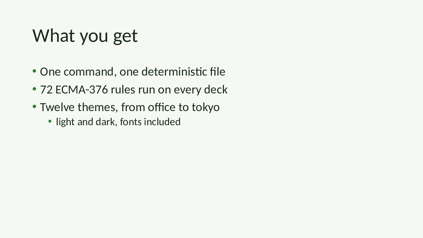 Bullet slide of the Markdown deck with the forest theme