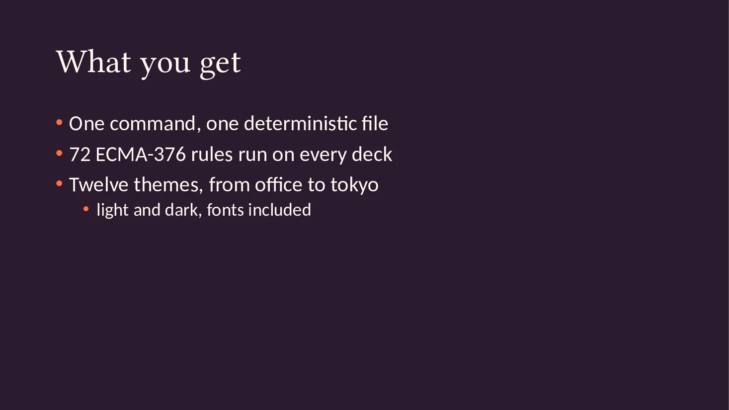 Bullet slide of the Markdown deck with the sunset theme