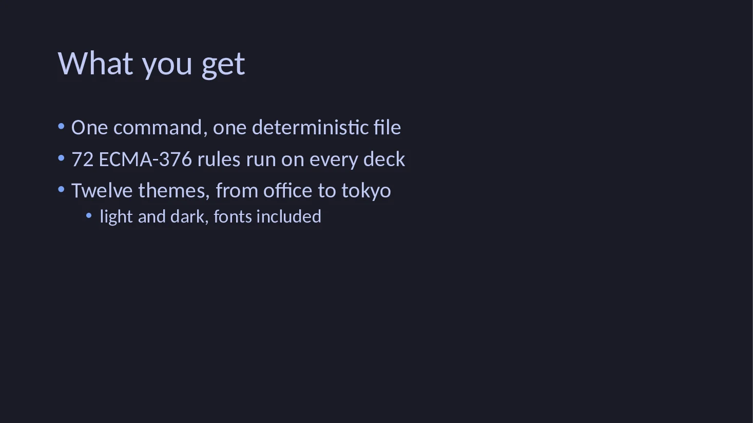 Bullet slide of the Markdown deck with the tokyo theme
